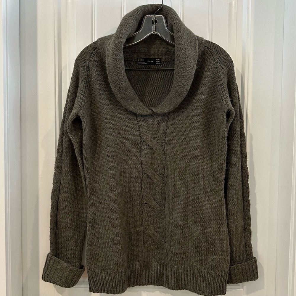 Zara Green Wool Alpaca Sweater Women’s Large Shawl Collar - Picture 13 of 14